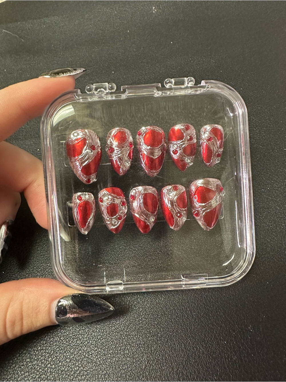 Crimson Relic Press-On Nails - Red and Silver Chrome and gemstones